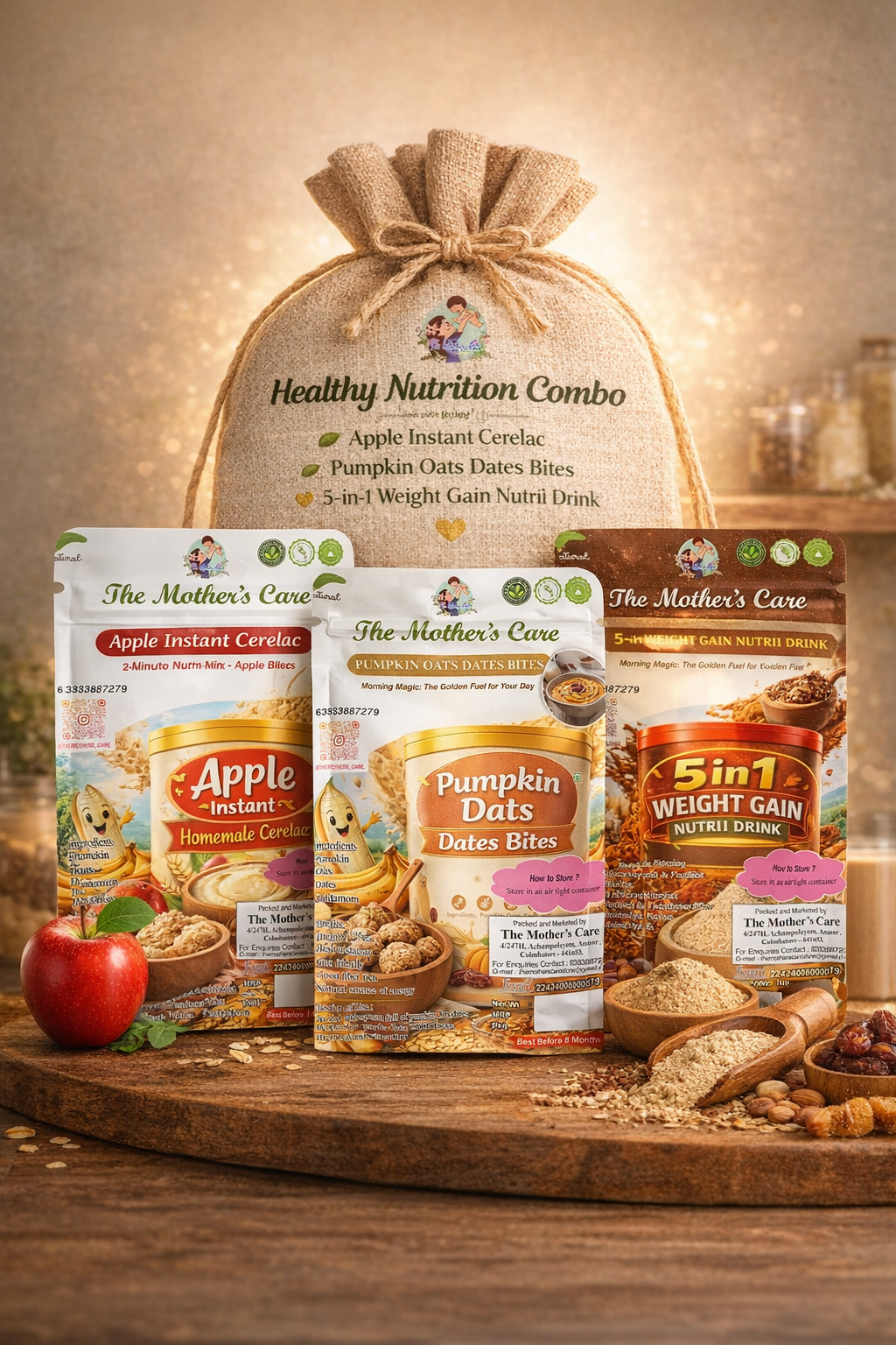 5- in -1 weight gain nutrii drink 200g + apple instant homemade cerelac 200g + pumpkin oats dates bites 200g