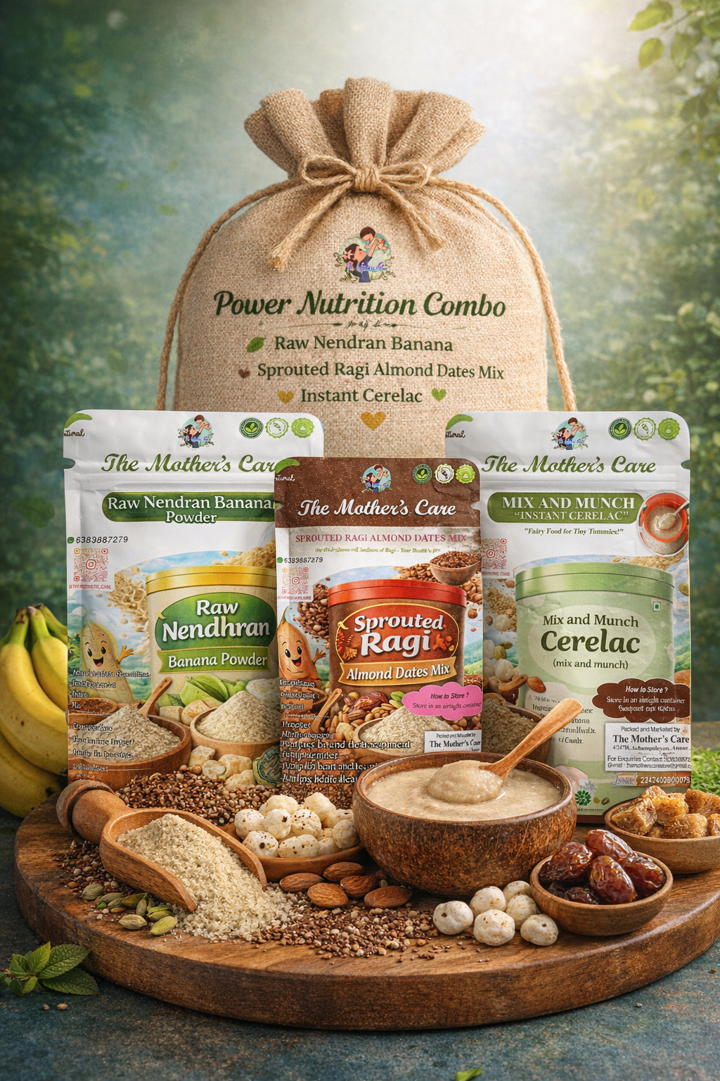 Raw Nendhran Banana Powder 200g + sprouted ragi almond dates mix 200g + Instant homemade cerelac 200g