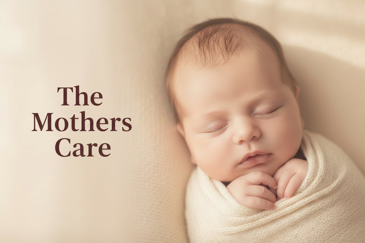 Bottle with 'The Mothers Care' label surrounded by vegetables and a child's face.