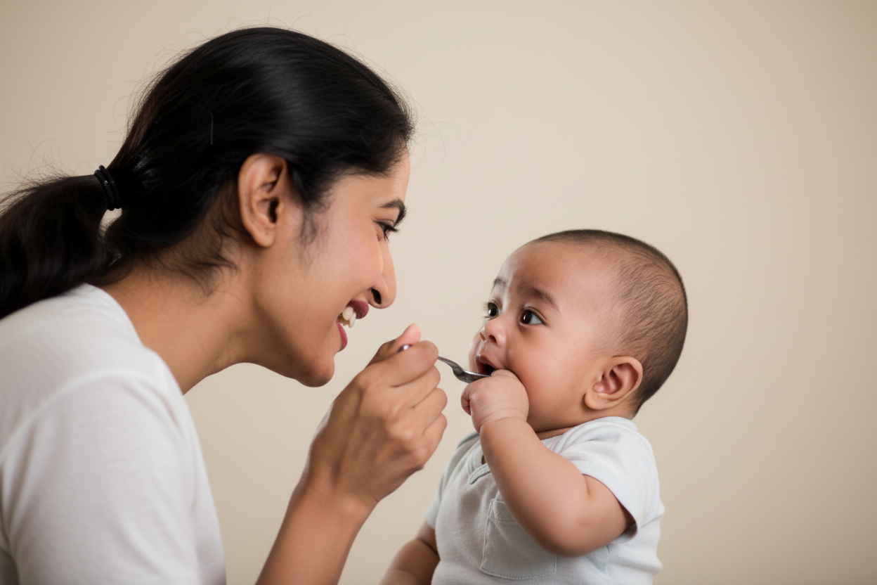 Woman feeding a baby with a spoon in a close-up shot.