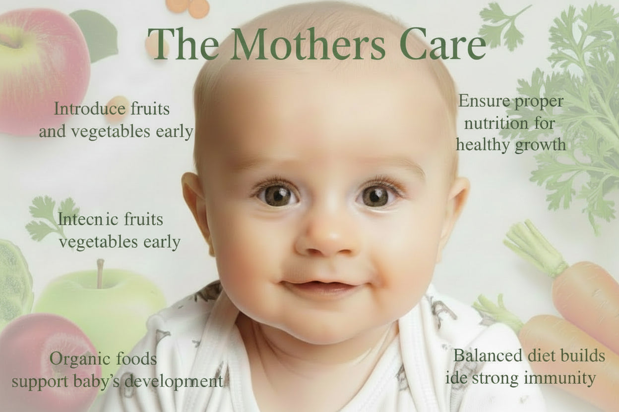 Baby with a background of fruits and vegetables